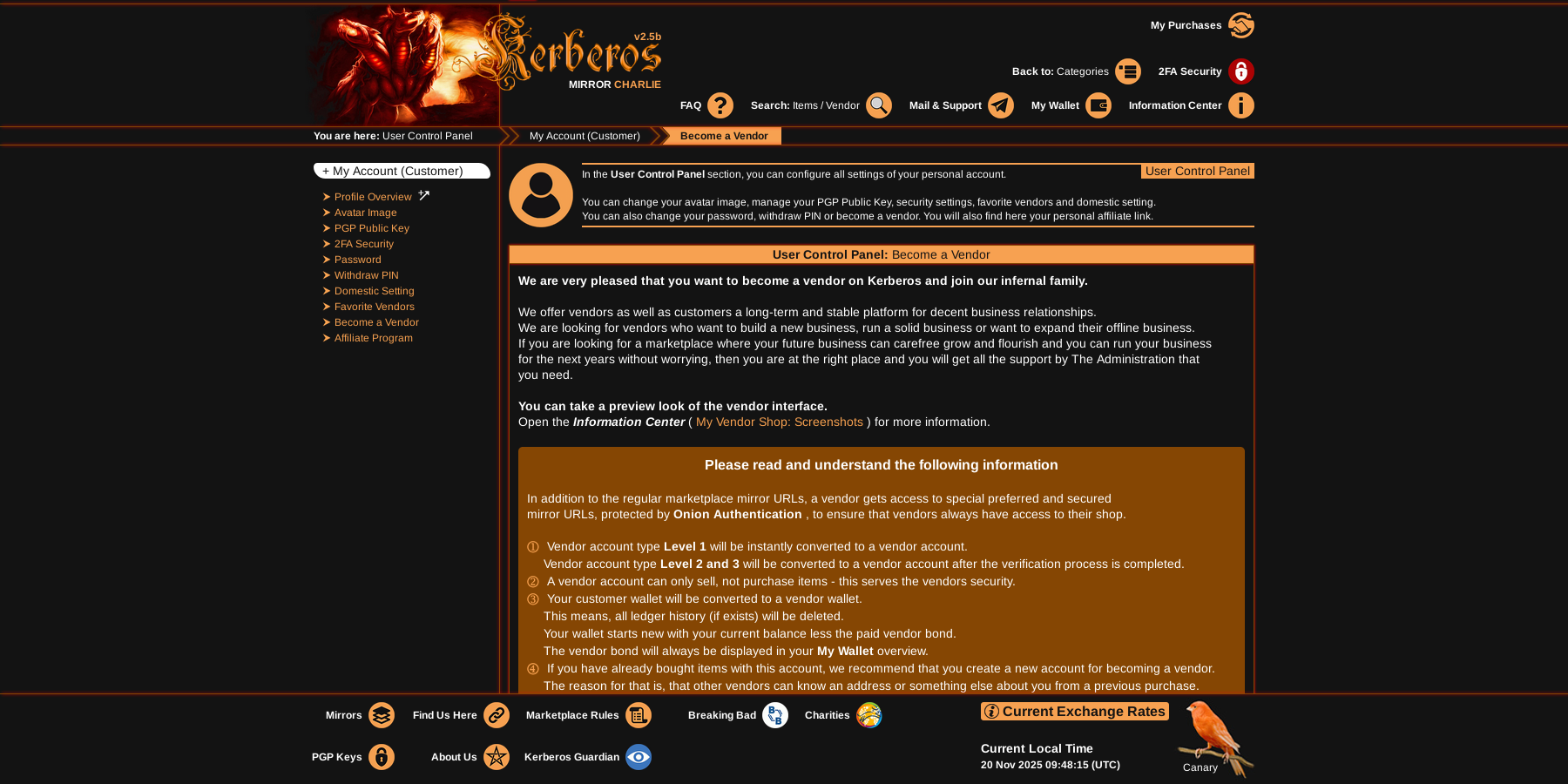 Kerberos Market Main Features Page - Marketplace interface screenshot